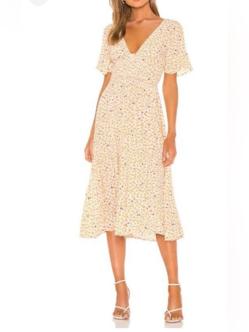 Free People "In Full Bloom" Floral V-Neck Midi Dress Flutter Sleeves Size: XS